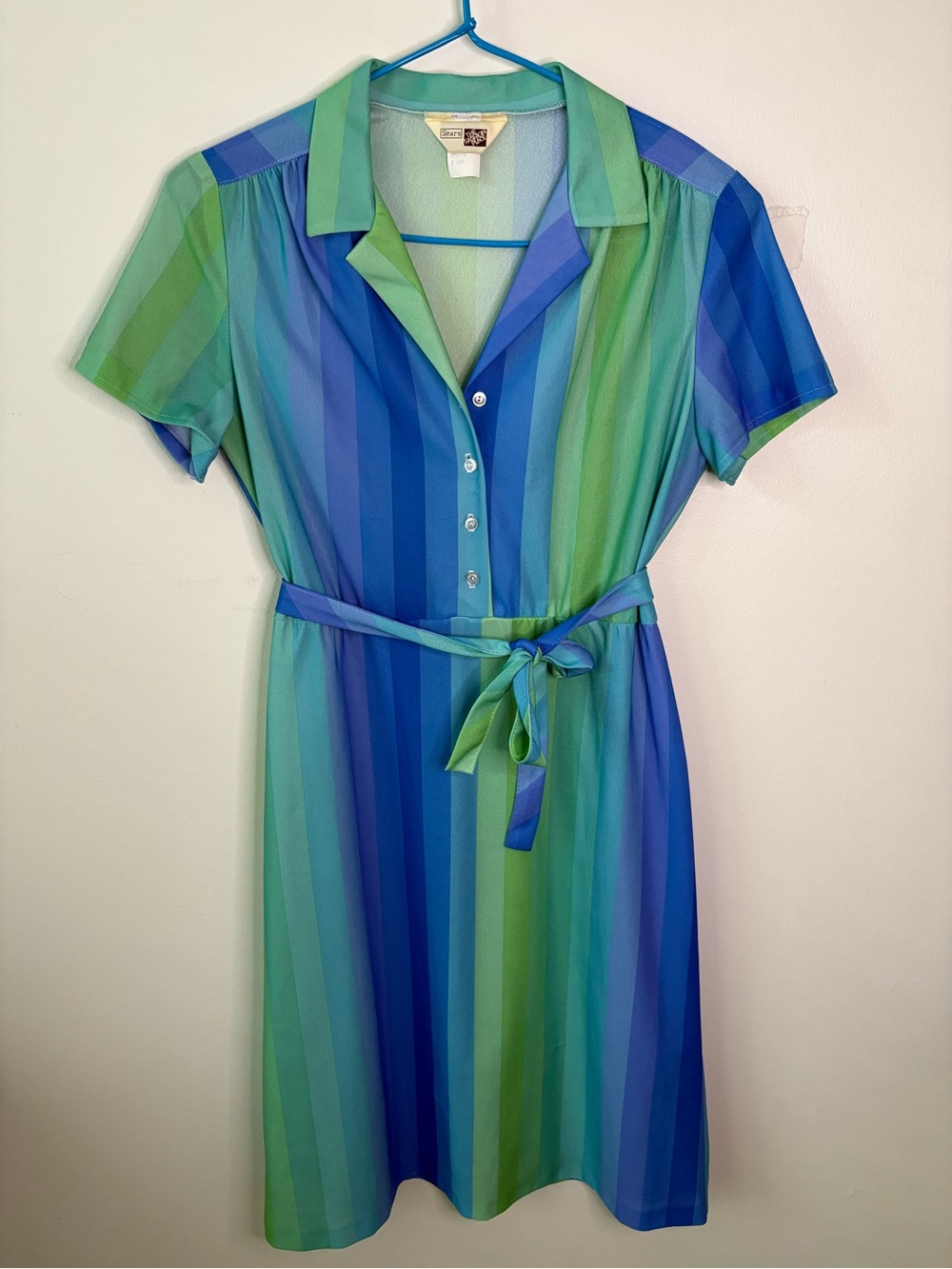 Vintage Retro MCM Blue Green Stripe Belted Shirt Dress